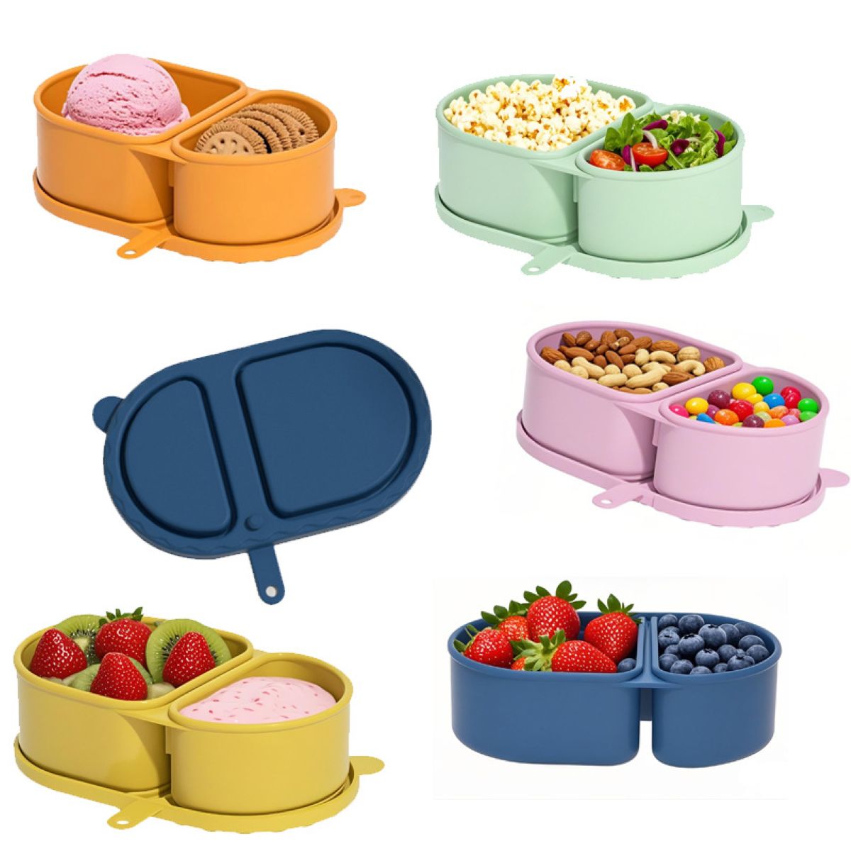 Silicone Snack Container Dual Compartment Reusable Food Box #Y1913