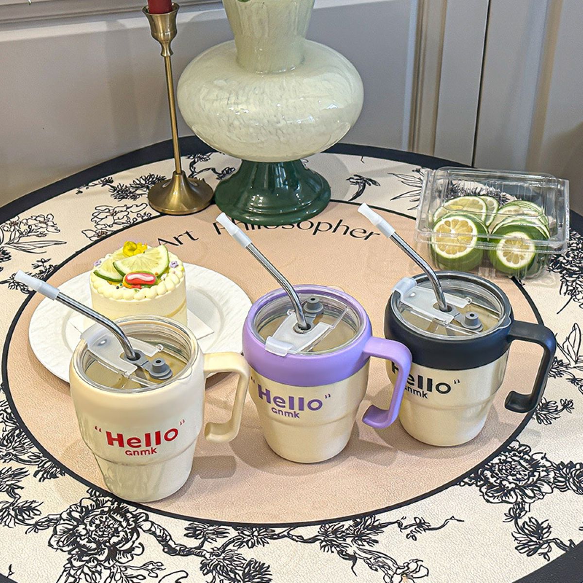 14oz Glass Cups with Lids and Straw #Y1984