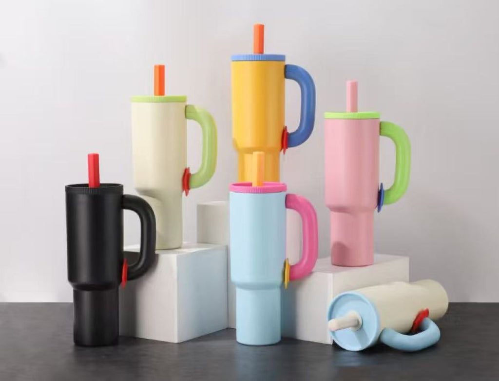 40 Oz Double Wall Insulated Travel Mug With Handle And Straw