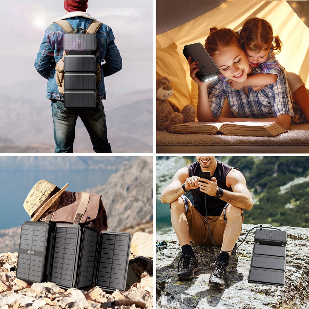 Wireless Solar Power Bank W Flashlight Multi Port Charging