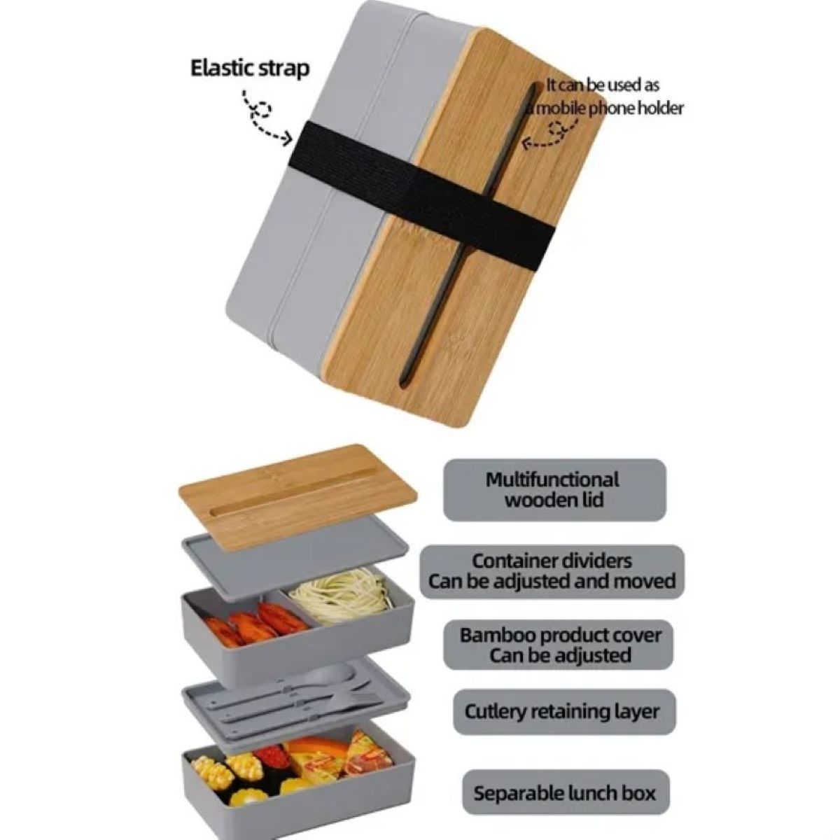 Stackable Bento Box with Phone Stand and Bamboo Lid #ENZO511