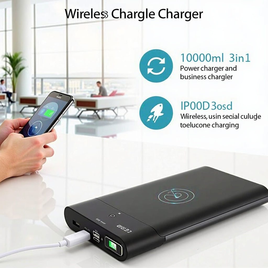10000Mah 3 In 1 Qi Power Bank Wireless Portable Charger