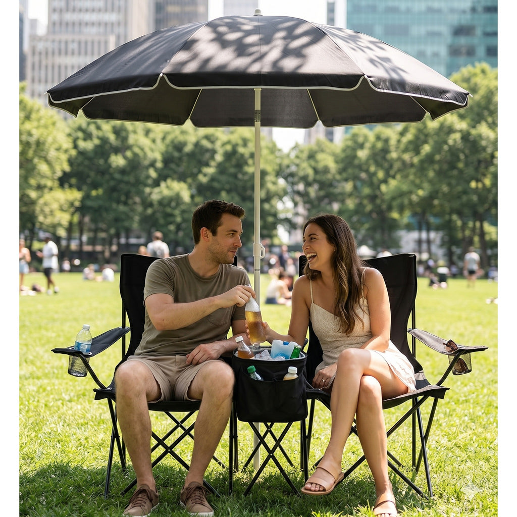 Foldable Double Camp Chair with Umbrella & Cooler Bag #U599