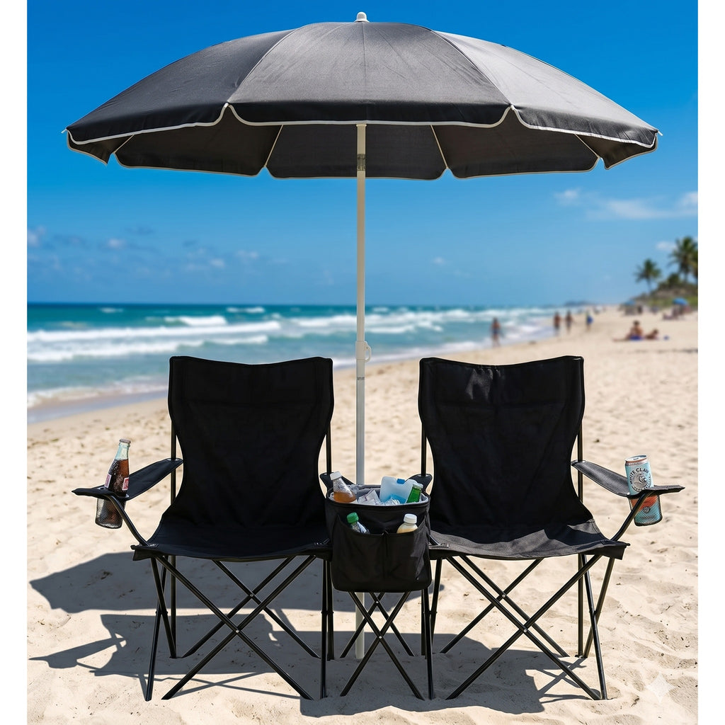 Foldable Double Camp Chair with Umbrella & Cooler Bag #U599
