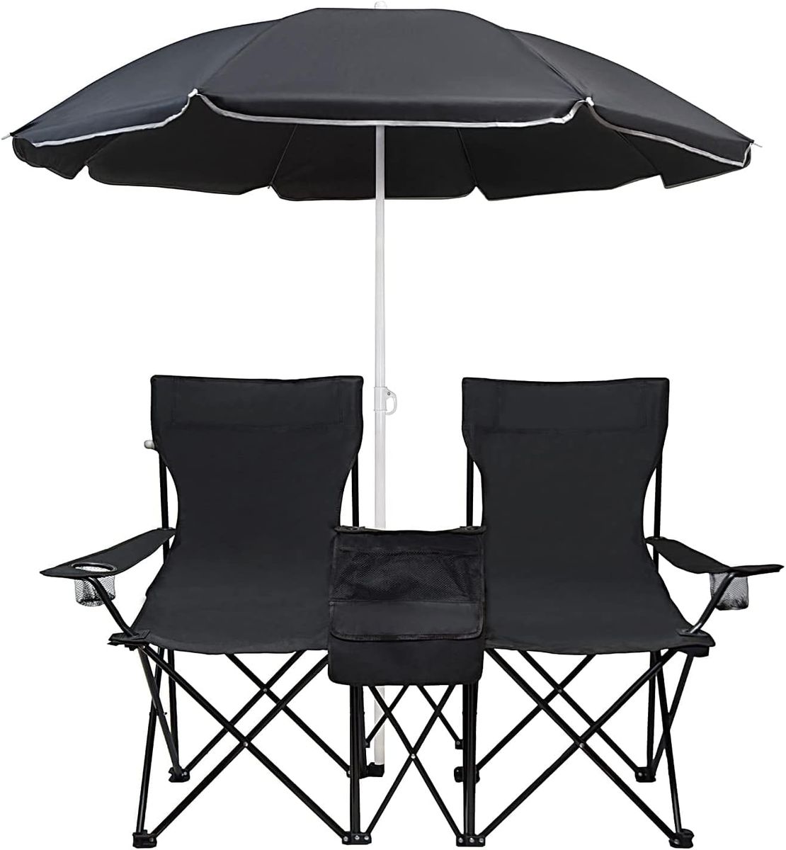 Foldable Double Camp Chair with Umbrella & Cooler Bag #U599