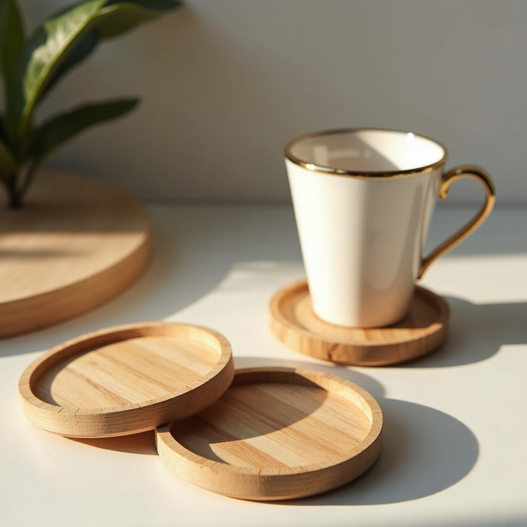 Wood Heat Resistant Round Coaster Coffee Mat Set